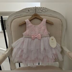 🩰 12 Mth Pink and White Layered Tulle, Crystal & Pearl Princess Baby Dress NWT